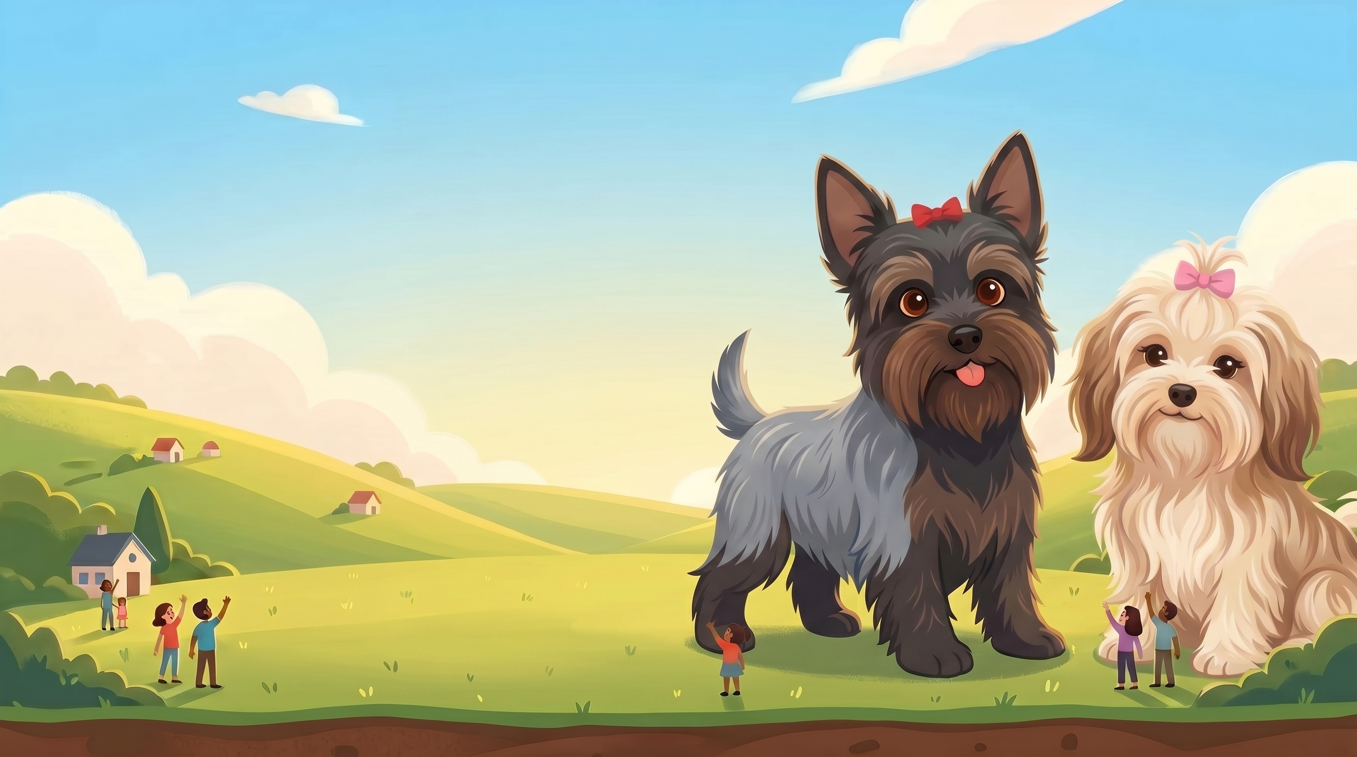 Elvis the Giant Yorkie and his sister Priscilla in a sunny meadow